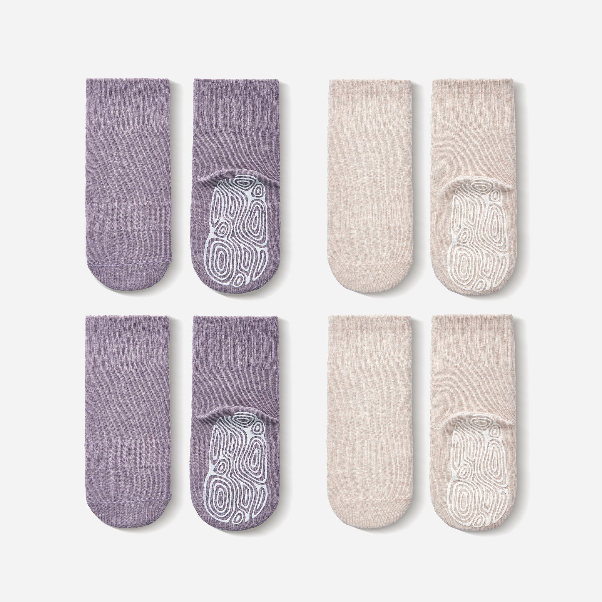 LittleYogaSocks Organic Cotton Socks- Lavender & Beige- 4 Pairs of Stay-On Baby & Toddler Non-Slip Socks